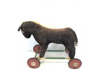 Antique Stuffed Horse On Wheels Pull Toy