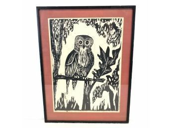 Owl In A Treetop Linoleum Cut Art - Pencil Signed Maria Kron