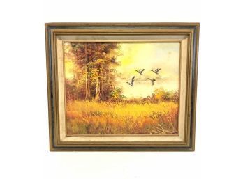 S. Powell Signed Landscape Mallard Duck Oil Painting