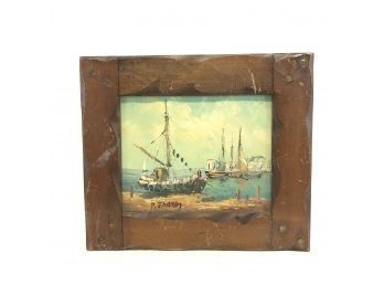 Antique Signed Oil Painting Fishing Boats