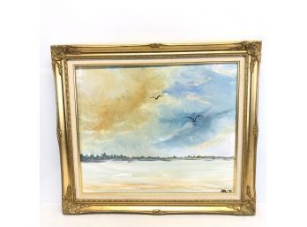 Beach Shoreline Seagull Oil Painting - Signed SAL 97