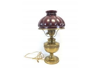 Brass Electrified Oil Lamp With Glass Shade - Works