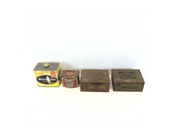 Vintage Tins & Tin Cigar Boxes - Bayuk Phillies, Slade's Caramel Toffy, White Owl