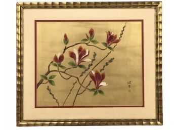 Signed Chinese Floral Painting On Silk With Custom Made Frame - #SW-F