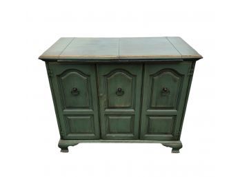 Shabby Chic Green Liquor Cabinet With Foldout Bar Top & Wheels