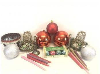 Christmas Decor Lot - Candles, Glass Balls & More
