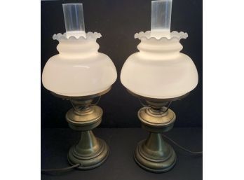Pair Of Brass Hurricane Lamps With Milk Glass Shades - WORKS
