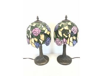 Pair Of Tiffany Style Stained Glass Pink & Blue Rose Table Lamps - WORKS