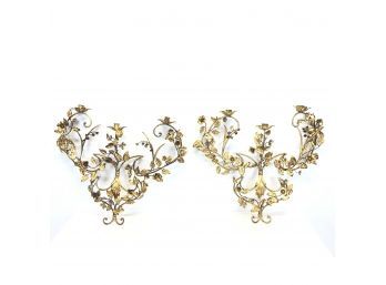 MCM Gilded Wrought Iron Candelabra Wall Sconces - Made In Italy