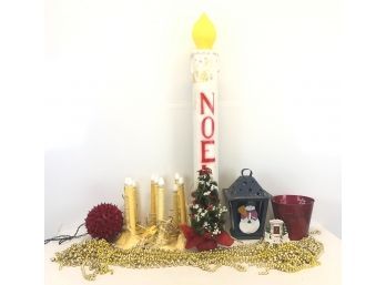 Christmas Lot - Noel Candle Blow Mold, Gold Bead Garland, Lighted Candles, Snowman