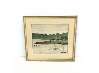 Framed Lakefront Watercolor Painting