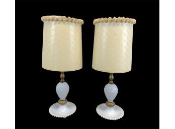 MCM Milk Glass &  Wood 21' Table Lamps - Set Of 2 - WORKS