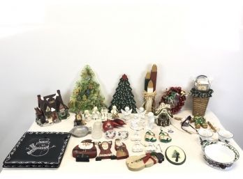 Christmas Lot - Card Basket, Village Houses, Glass Ornaments, Dishes, Angels & More