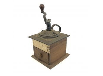 Antique Cast Iron & Wood Hand Crank Coffee Grinder