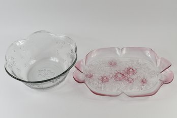 Glass Floral Punch Bowl & Serving Tray