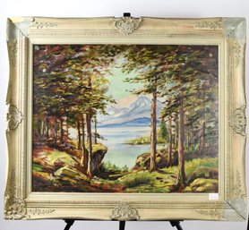 Beautiful Framed Lake Scene Oil Painting On Panel Signed