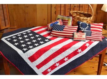 Judi Boisson Signed American Flag Quilt & Flag Pillows