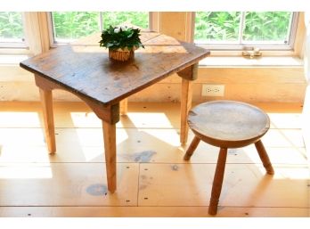 Antique Pine Country Side Table & Antique Milking Stool