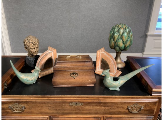 VA Galleries Mahogany Tea Caddy, Book Ends, Kennedy Bust, Birds And Carved Finial