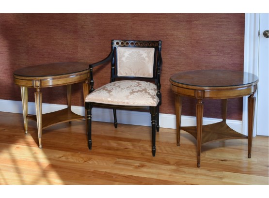 Pair Of French Provincial Style Oval Night Stands & Black Painted Regency Style Chair