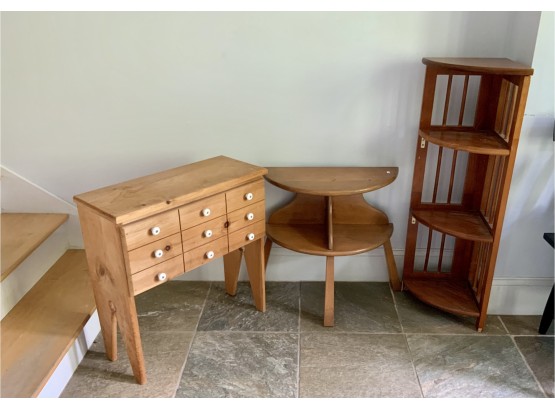 Three Maple Pcs.: Side Table, Corner Shelf, Cabinet