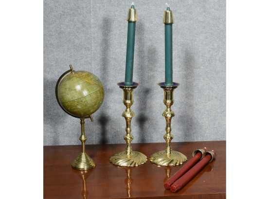 Baldwin Brass Candlesticks And Desktop Globe