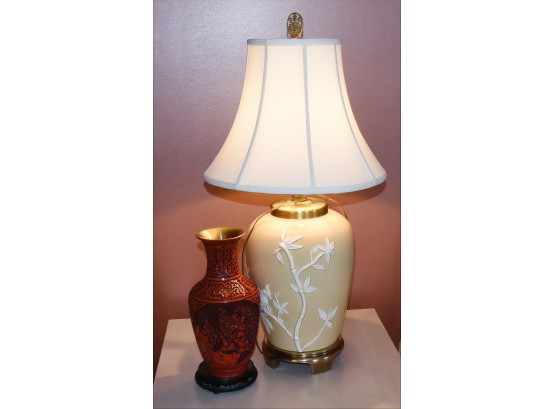 Chinese Style Lamp And Faux Cinnebar Vase