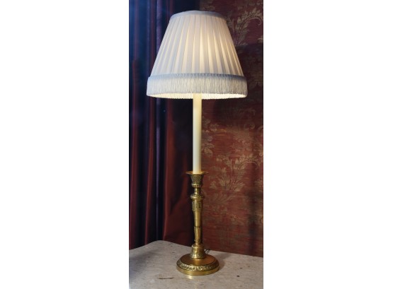 Lovely Gilt Metal French Style Candlestick Lamp With Pleated Shade