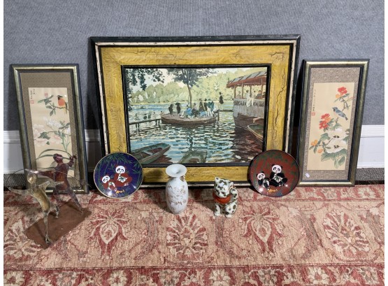 Assorted Collectibles: Monet Print, Two Japanese Prints, Cloisonne, Modern Sculpture And Porcelain