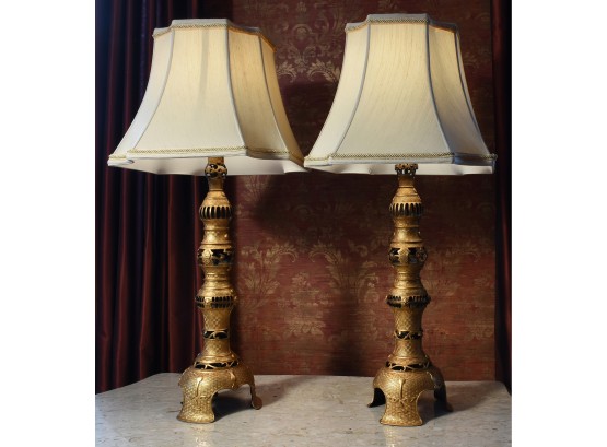 Pair Of Chinese Gilt Metal Archaic Form Table Lamps With Custom Shades