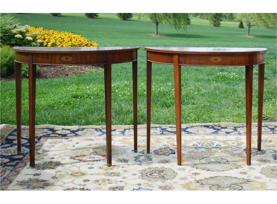 Pair Of Hepplewhite Style Demi-lune Console Hall Tables, Columbia Furniture Co.