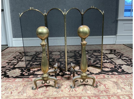 Pair Of Modern Brass Cannonball Top Andirons With Folding Brass And Wire Screen