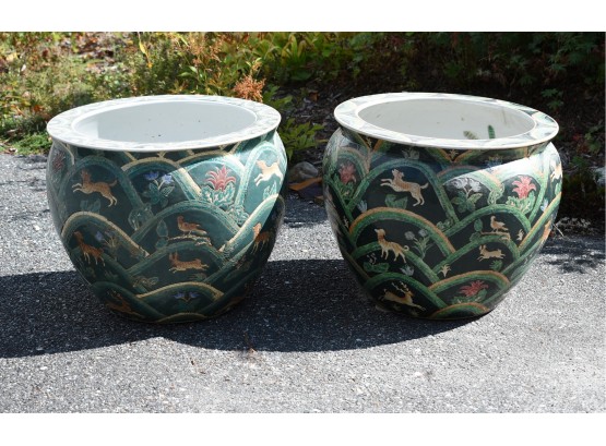 Two Decorative Green Porcelain Planters