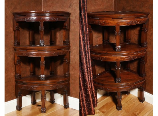 Chinese Carved Rosewood Three-Tier Demi Lune Corner Stands