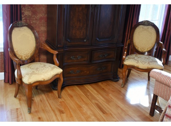 Pair Of French Style Arm Chairs With Yellow Damask Upholstery