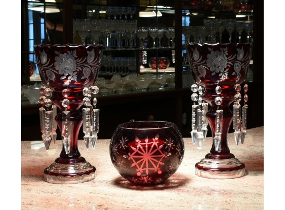 Pair Of Ruby Cut To Clear Glass Girondoles And Bowl