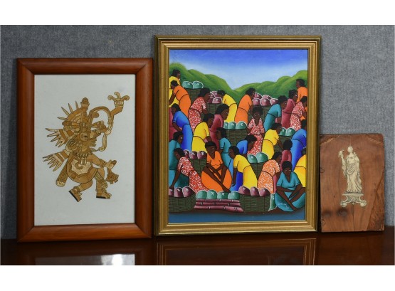 Three Pieces Of Art: Haitian Oil On Canvas, Framed Mayan Type Work And Inlaid Wood Panel