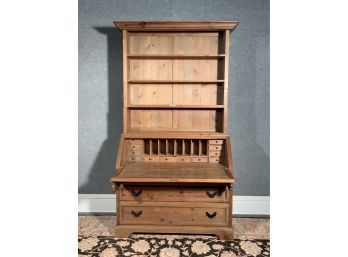 Two Part Hard Pine Secretary With Fitted Desk Interior
