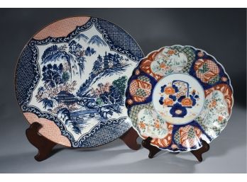 Two Imari Chargers, One A Signed Scenic Example