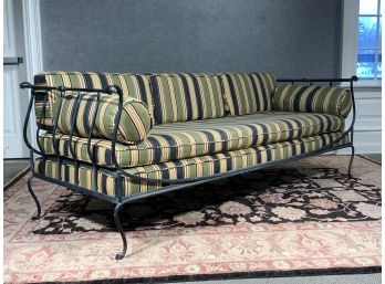 Finely Crafted Patio Sofa With Striped Upholstered Removable Cushions