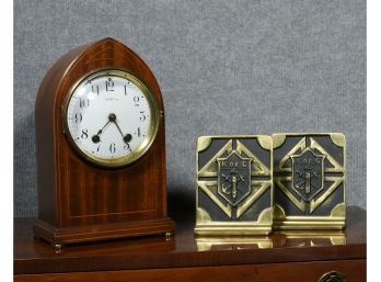 Seth Thomas Inlaid Beehive Clock And Brass Bookends