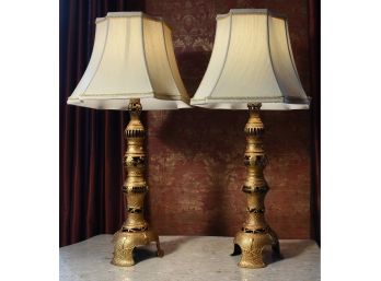 Pair Of Chinese Gilt Metal Archaic Form Table Lamps With Custom Shades
