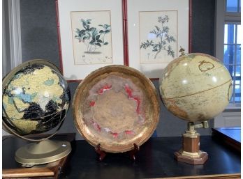 Two Table Globes, Ceramic Charger, Two Hand Colored Antique Botanical Prints