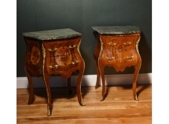 Pair Of Marquetry Inlaid French Style Marble Top Two Drawer Bombe Stands
