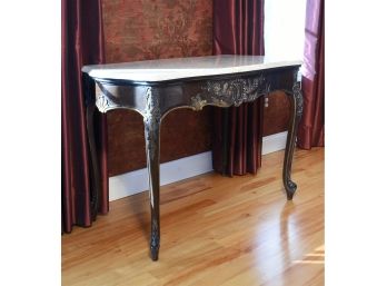 Carved French Louis XV Style Library Table With Travertine Stone Top