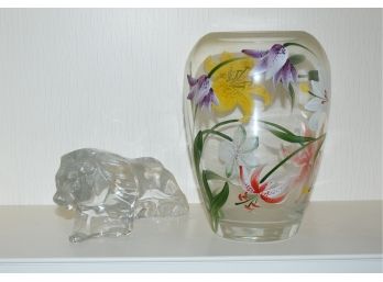 Baccarat Glass Lion Figure And A Hand Painted Vase