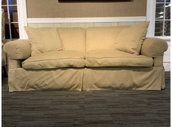 Down Filled Two Cushion Sofa With Beige Herringbone Upholstery