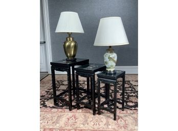 Set Of Three Lacquered Asian Nesting Tables And Two Asian Lamps