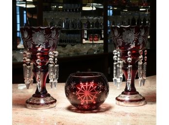 Pair Of Ruby Cut To Clear Glass Girondoles And Bowl