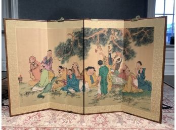 Japanese Four Panel Watercolor On Silk Folding Screen
